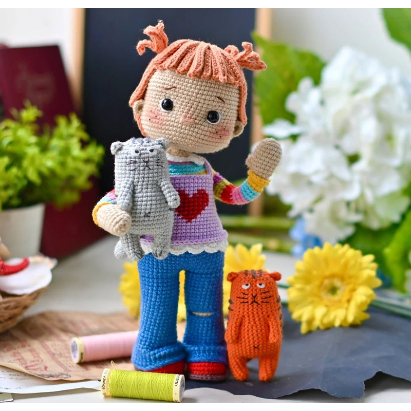 Handmade Crochet Doll  Amigurumi Girl With Heart Sweater  Soft Toy Gift  Wald 1