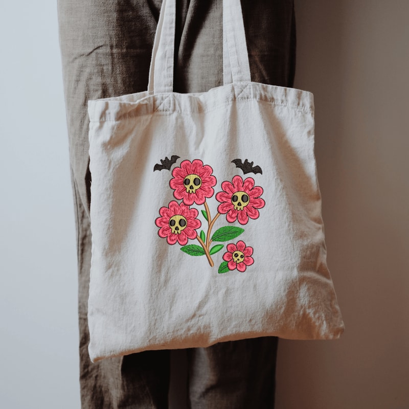 Skull Flower Bats Embroidery Design Halloween Embroidery 3 Sizes Instant Download 2