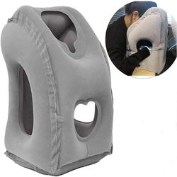 inflatable travel pillow with chin support for neck rest in car plane or office