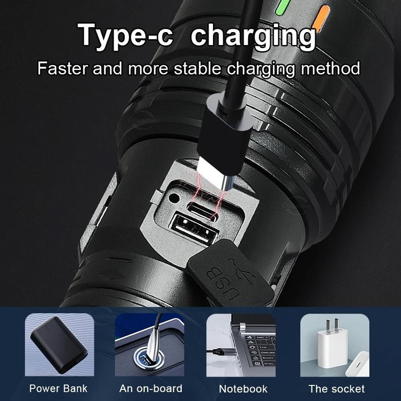 High Power Rechargeable LED Flashlight With Built In Battery And Type C Charging 4