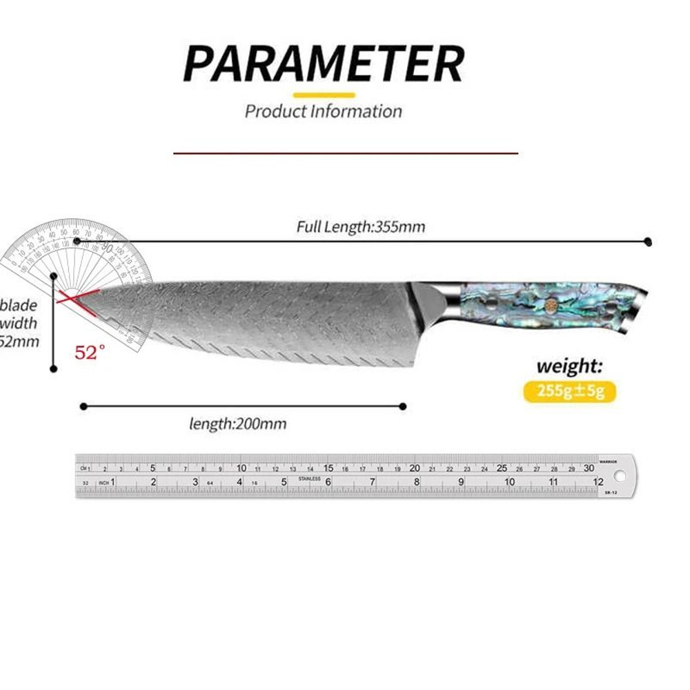 8 Inch Damascus Steel Chef Knife With Abalone Shell Handle Professional Kitchen Blade 5