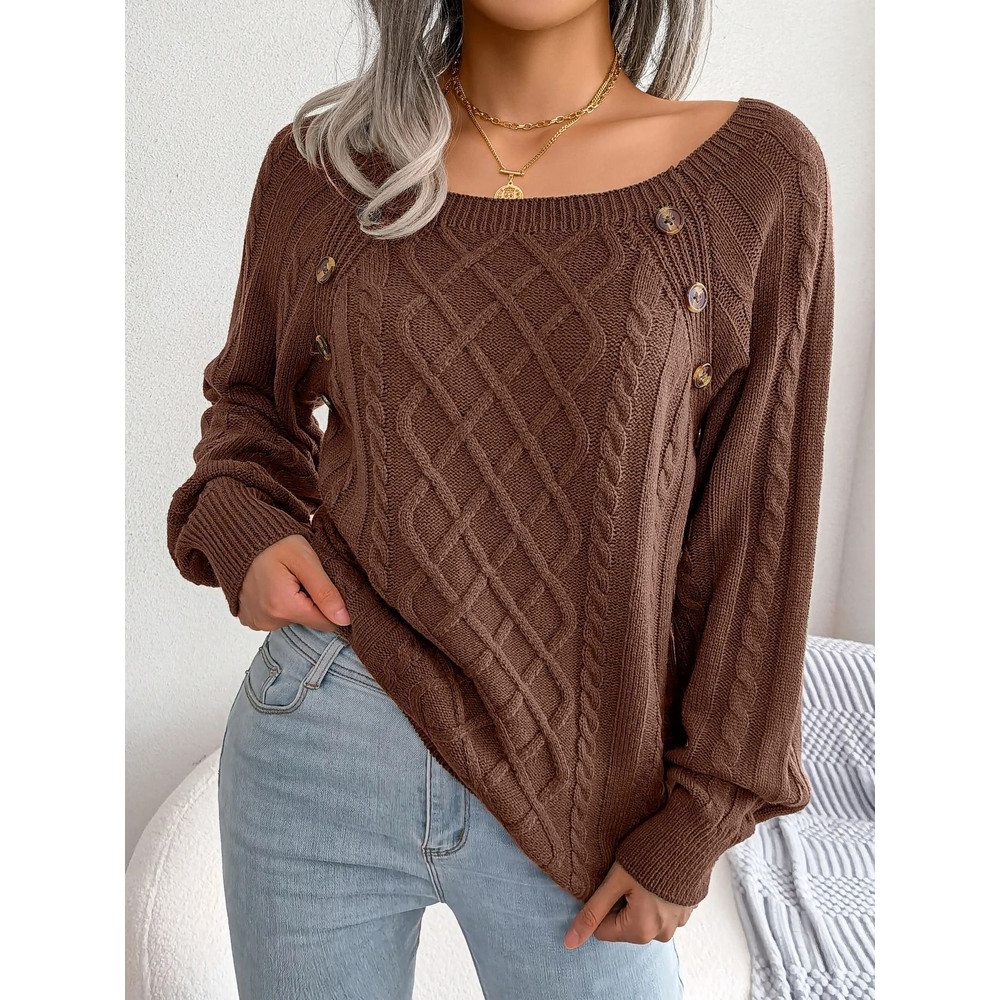 Women Casual Square Neck Button Sweater Long Sleeve Knit Pullover For Fall And Winter Style 9