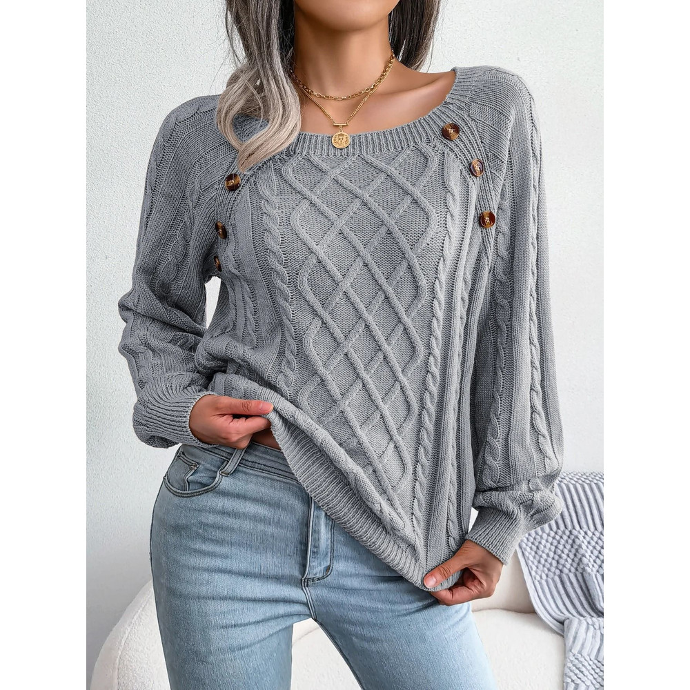 Women Casual Square Neck Button Sweater Long Sleeve Knit Pullover For Fall And Winter Style 10