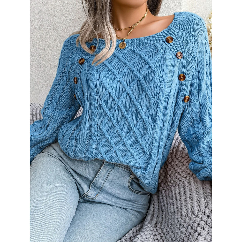 Women Casual Square Neck Button Sweater Long Sleeve Knit Pullover For Fall And Winter Style 11