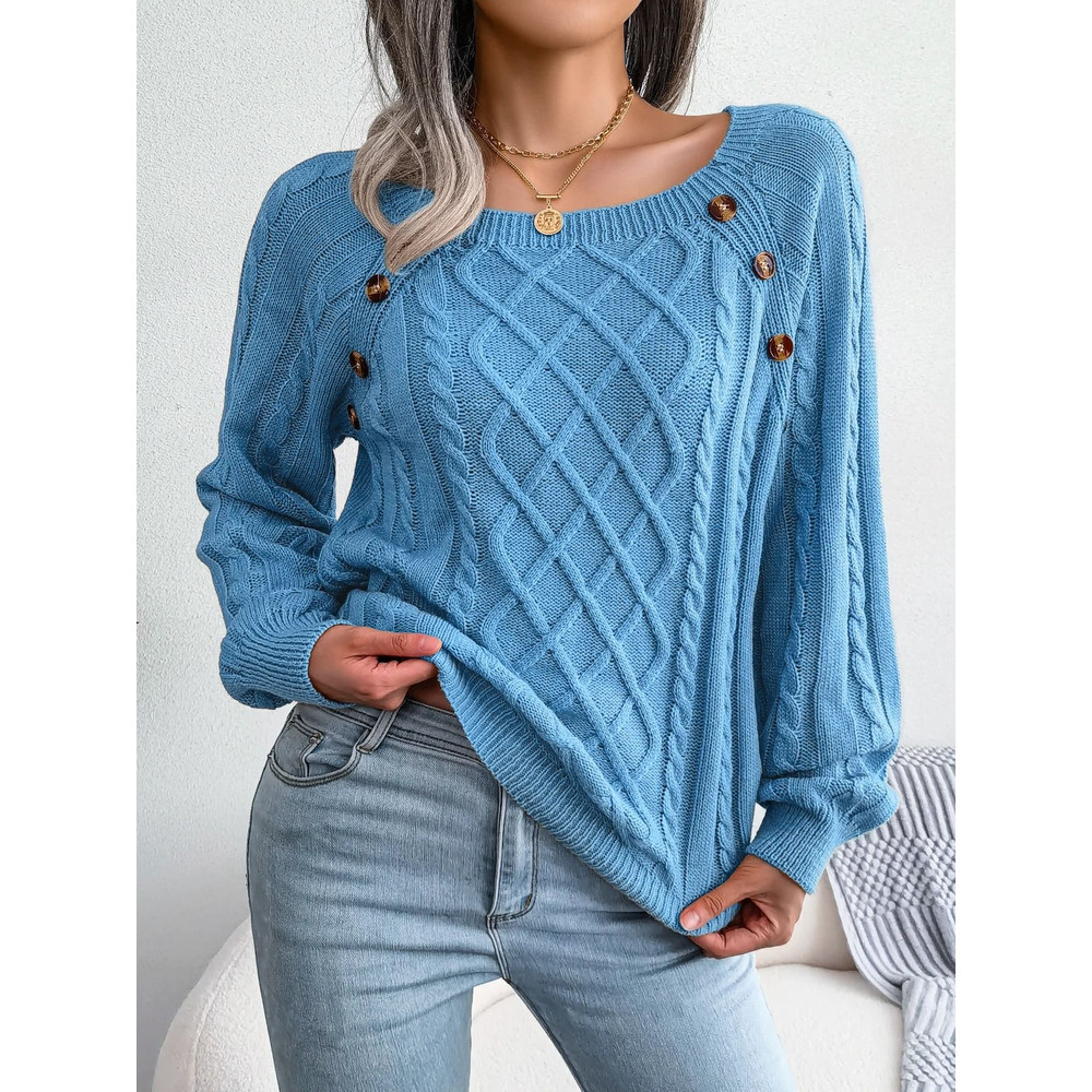 Women Casual Square Neck Button Sweater Long Sleeve Knit Pullover For Fall And Winter Style 3