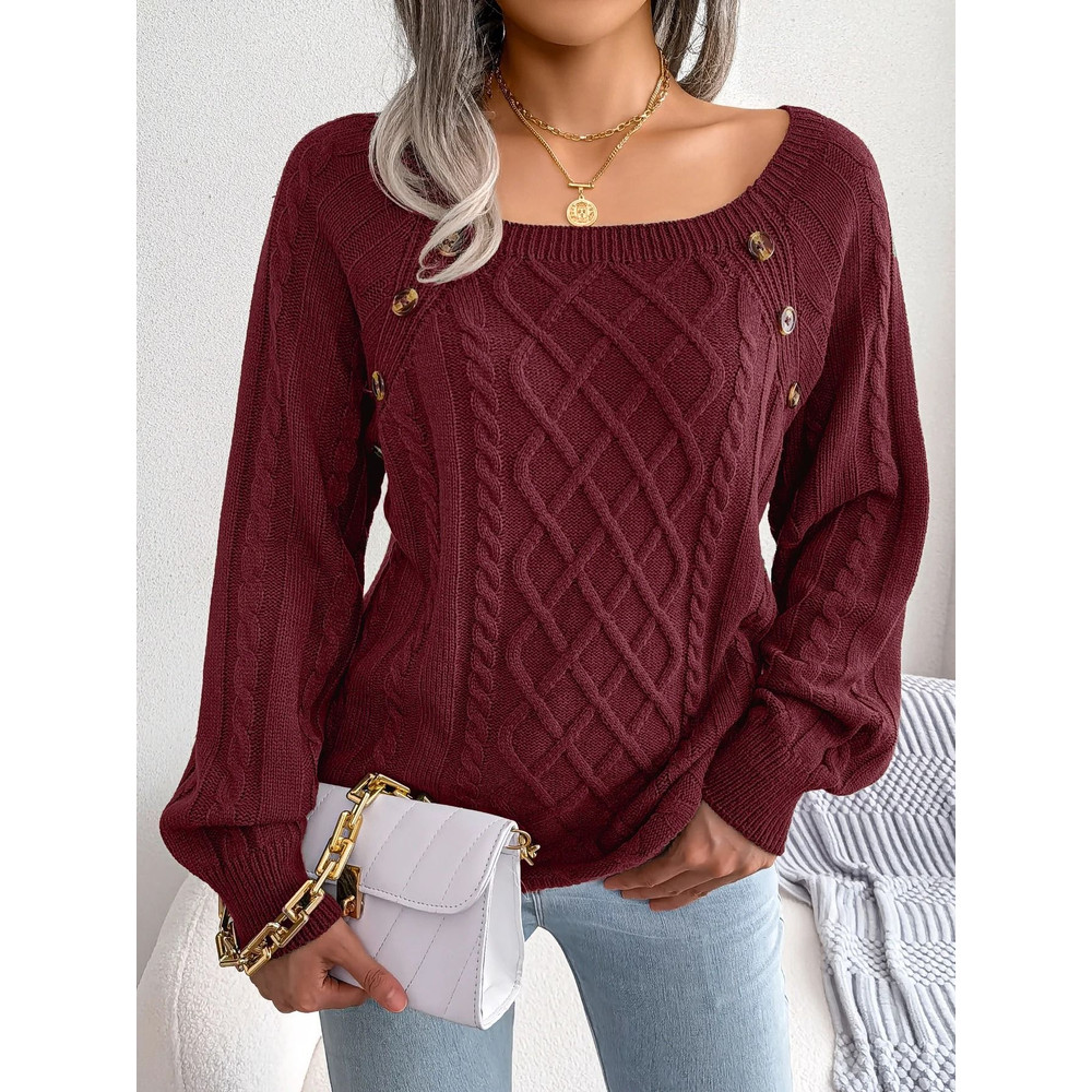Women Casual Square Neck Button Sweater Long Sleeve Knit Pullover For Fall And Winter Style 6
