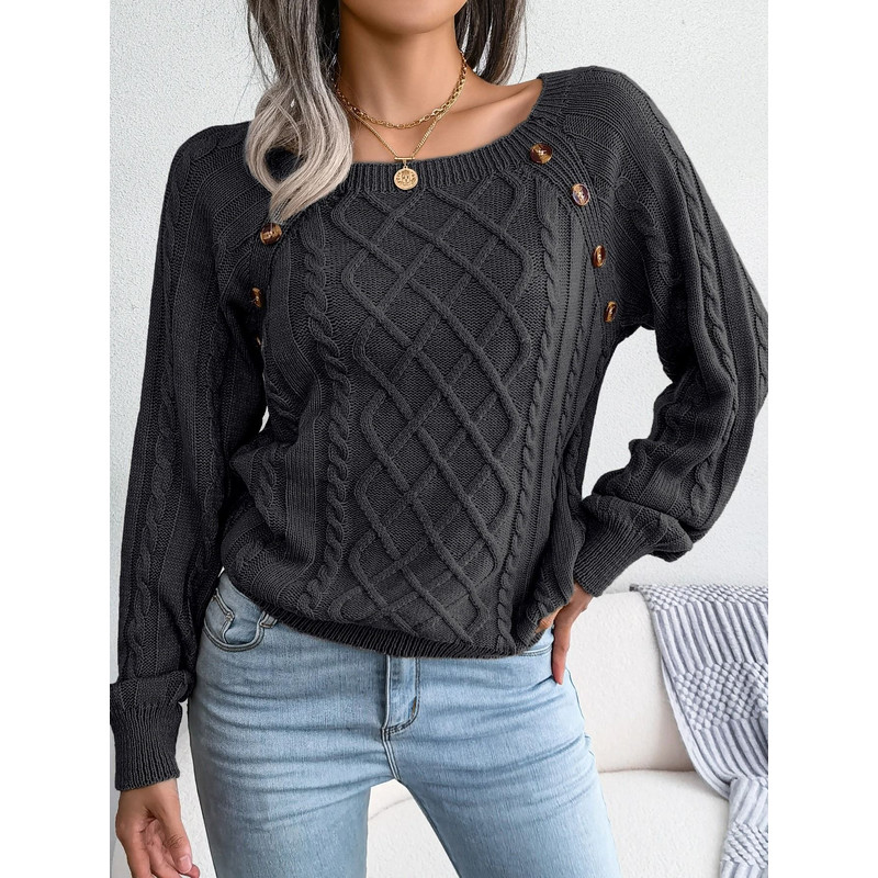 Women Casual Square Neck Button Sweater Long Sleeve Knit Pullover For Fall And Winter Style 7