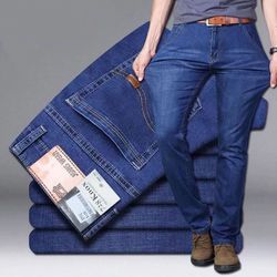 men stretch slim fit casual pants comfortable business style soft straight denim look trousers