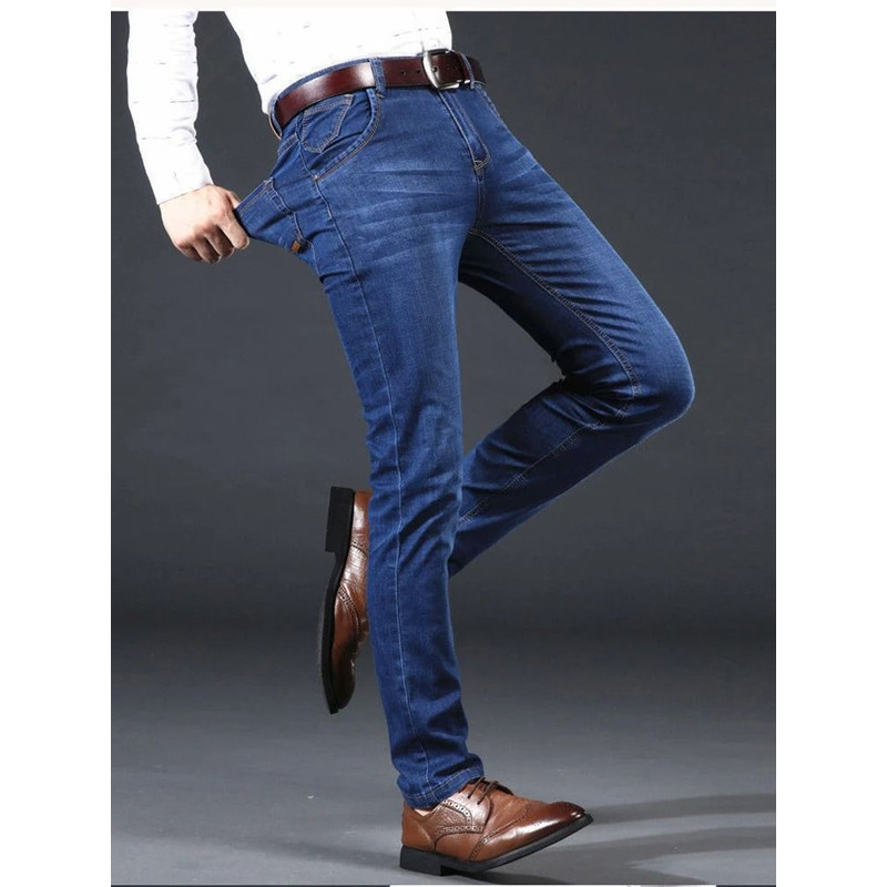 Men Stretch Slim Fit Casual Pants Comfortable Business Style Soft Straight Denim Look Trousers 2