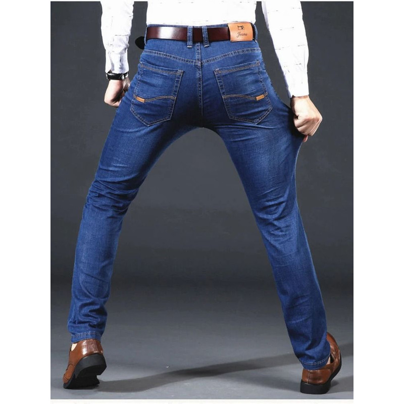 Men Stretch Slim Fit Casual Pants Comfortable Business Style Soft Straight Denim Look Trousers 3