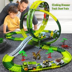 flexible dinosaur world race track playset with magic climbing train set
