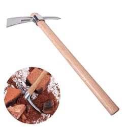 stainless steel gardening pickaxe with wooden handle for root digging and soil loosening