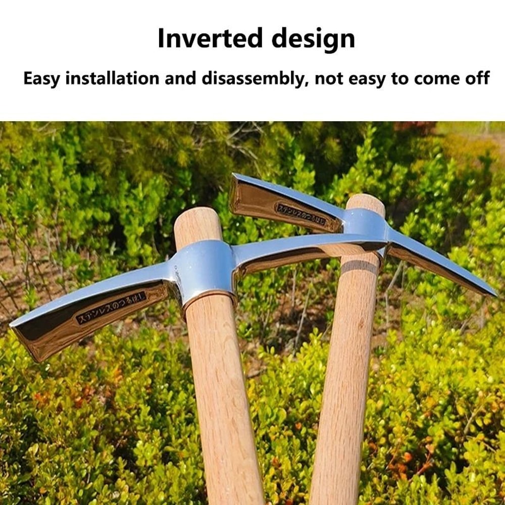 Stainless Steel Gardening Pickaxe With Wooden Handle For Root Digging And Soil Loosening 4