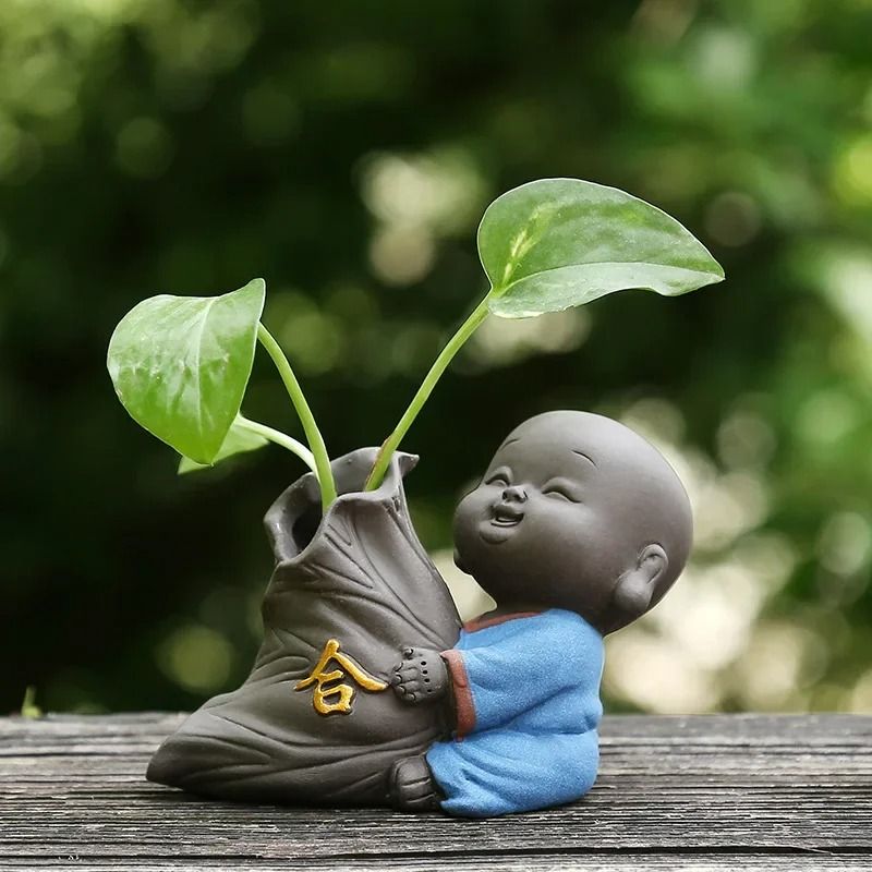 Mini Purple Clay Monk Figurine Flower Vase For Home Decoration 12