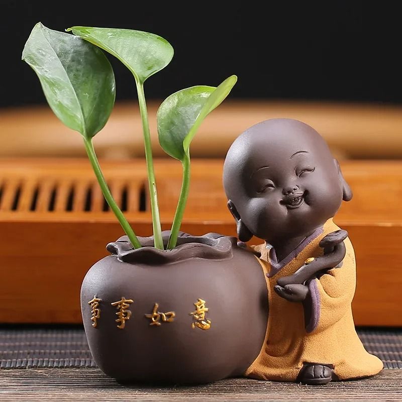 Mini Purple Clay Monk Figurine Flower Vase For Home Decoration 3