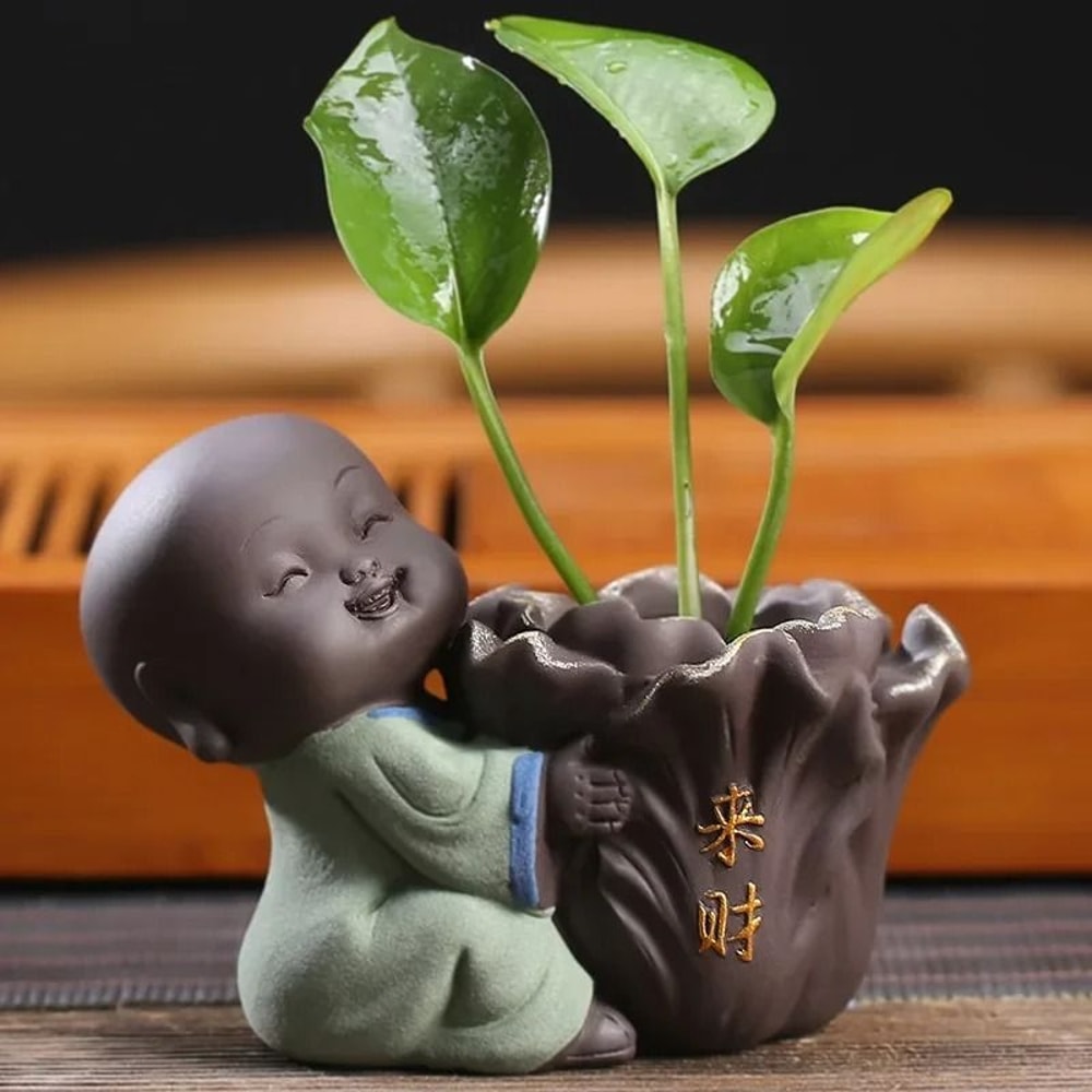 Mini Purple Clay Monk Figurine Flower Vase For Home Decoration 7