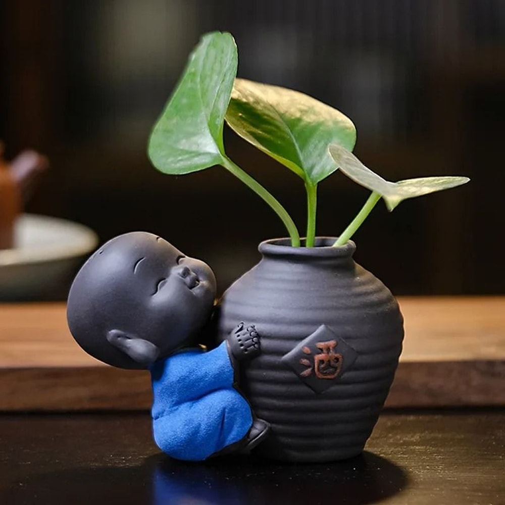 Mini Purple Clay Monk Figurine Flower Vase For Home Decoration 15