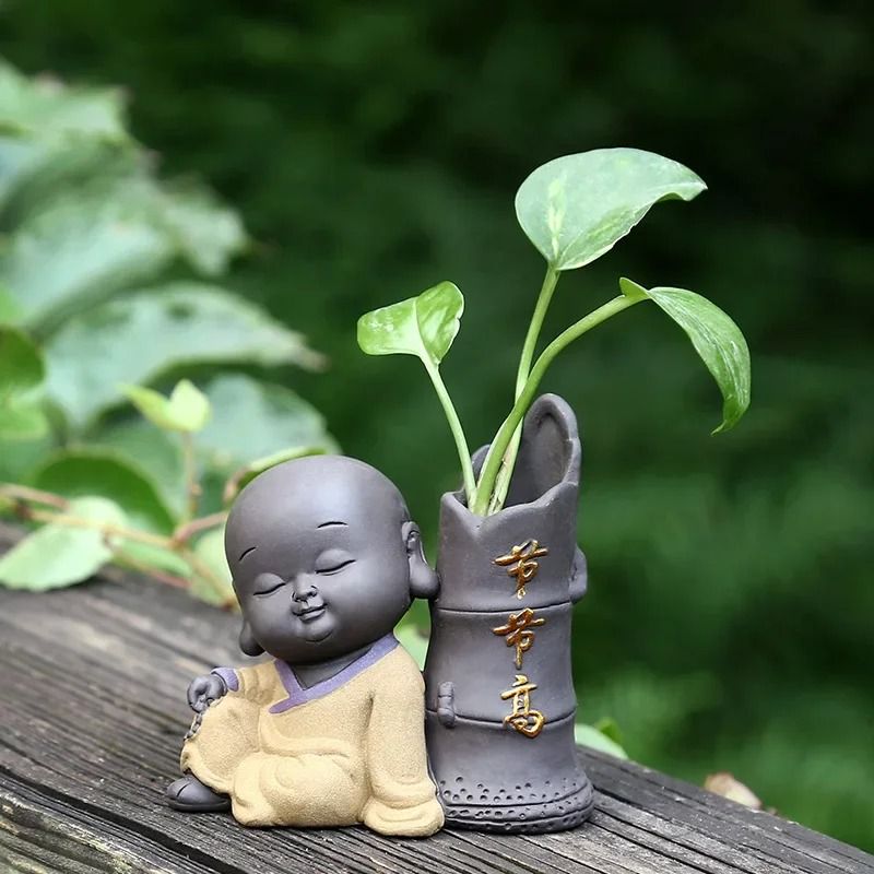 Mini Purple Clay Monk Figurine Flower Vase For Home Decoration 17