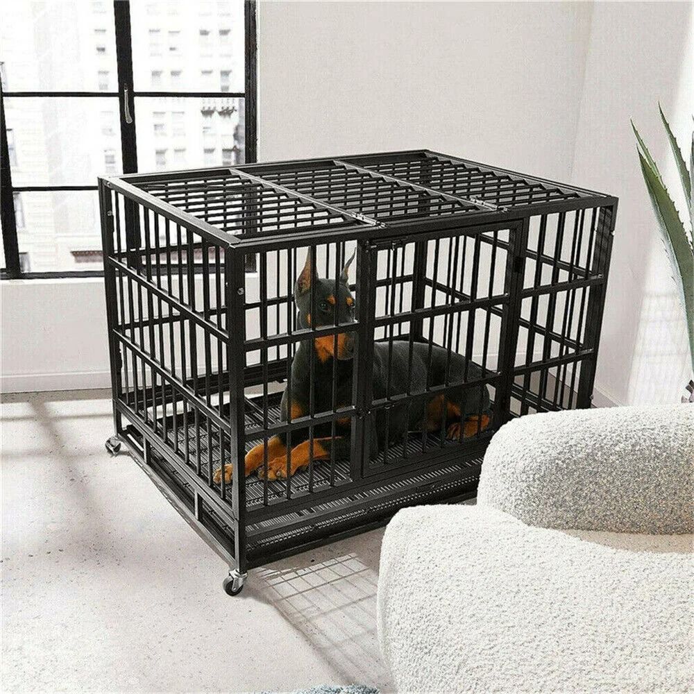 Heavy Duty Metal Dog Crate With Lockable Wheels And Tray 2