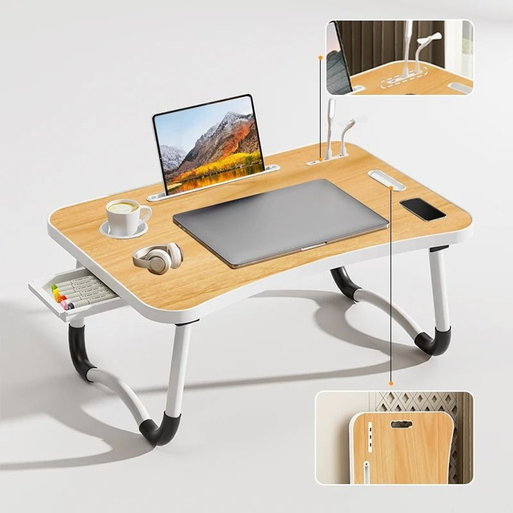 Portable Laptop Desk With Usb Light Small Fan Cup Holder Tablet Slot Lifting Handle 4