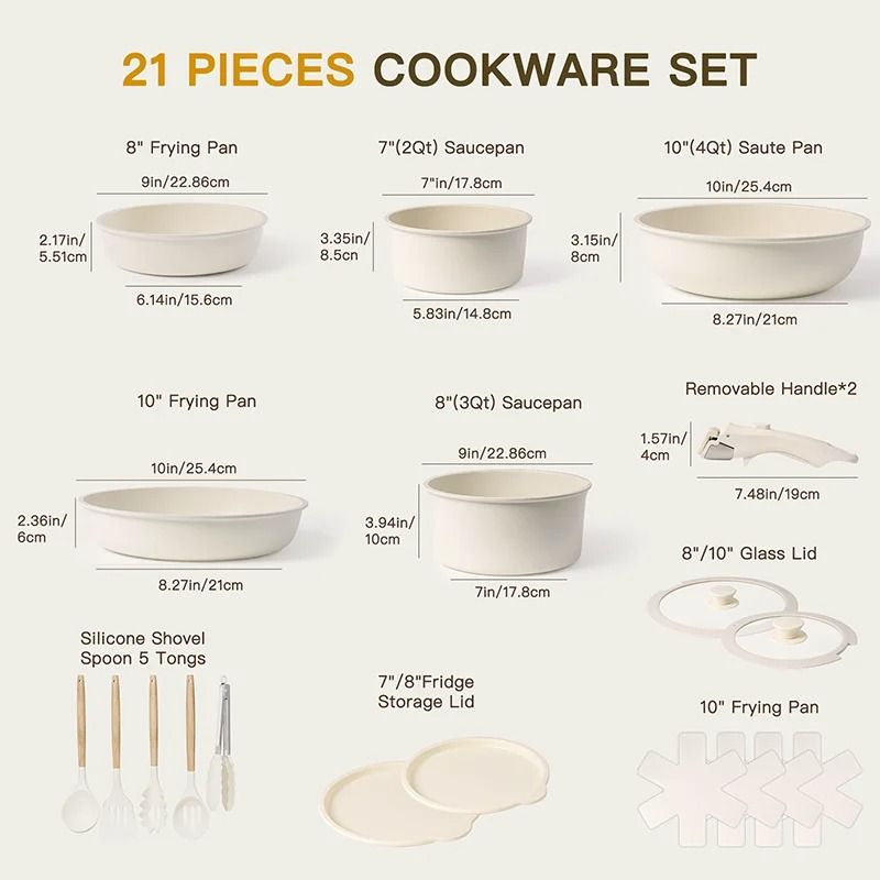 Ceramic Non Stick 21 Piece Cookware Set With Sensor Handle In Milky White 2