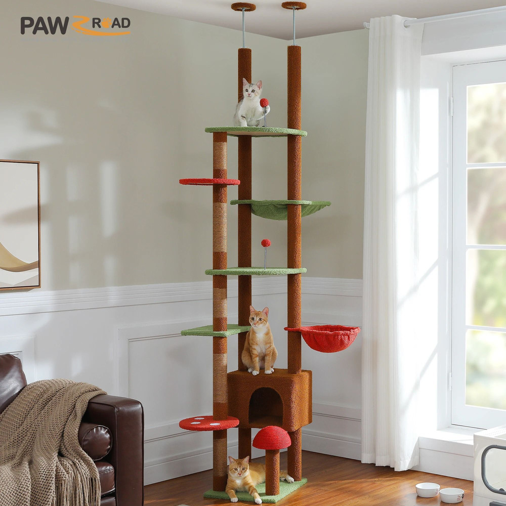 Adjustable Floor To Ceiling Cat Tree With Hammock Scratching Posts And Hanging Ball 0