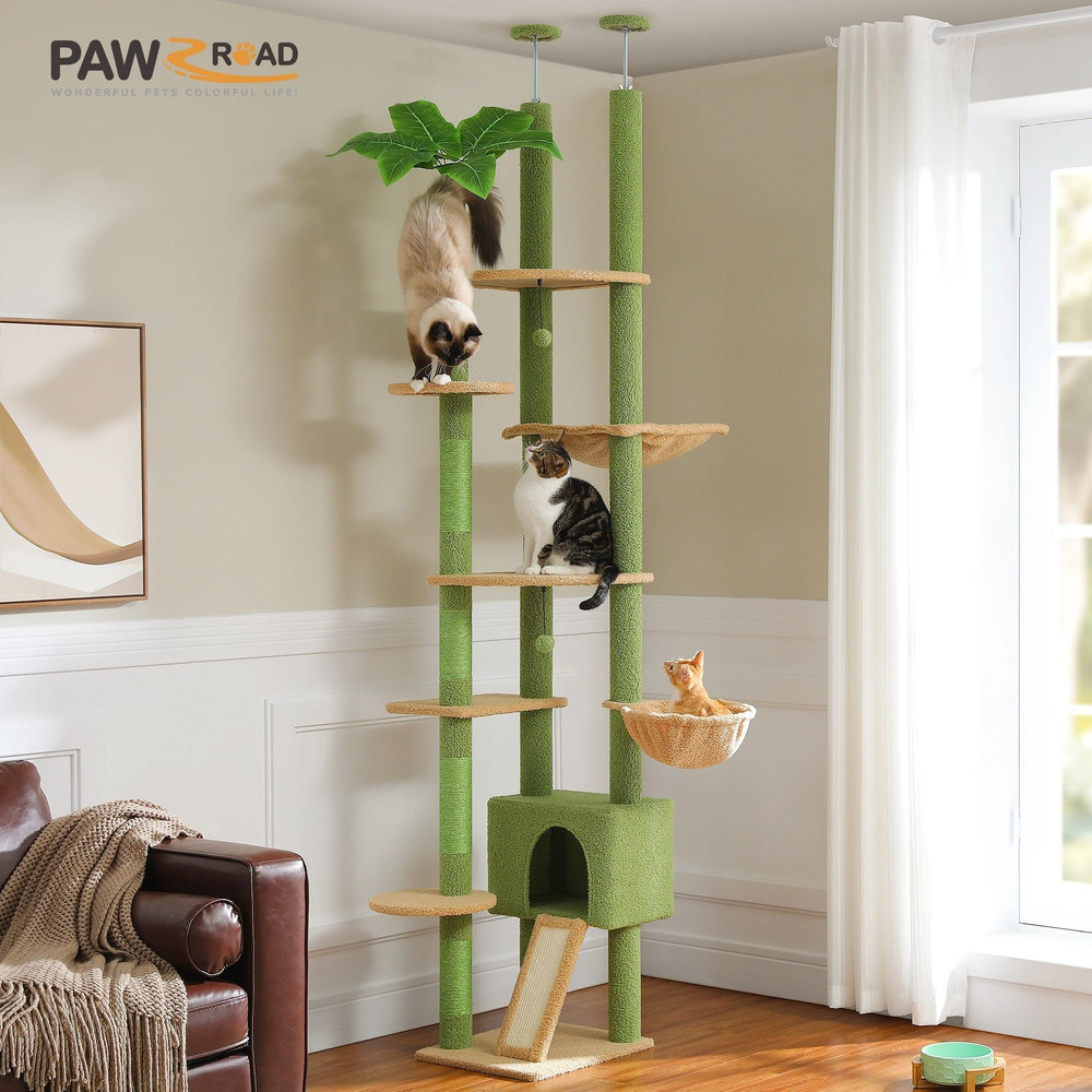 Adjustable Floor To Ceiling Cat Tree With Hammock Scratching Posts And Hanging Ball 3