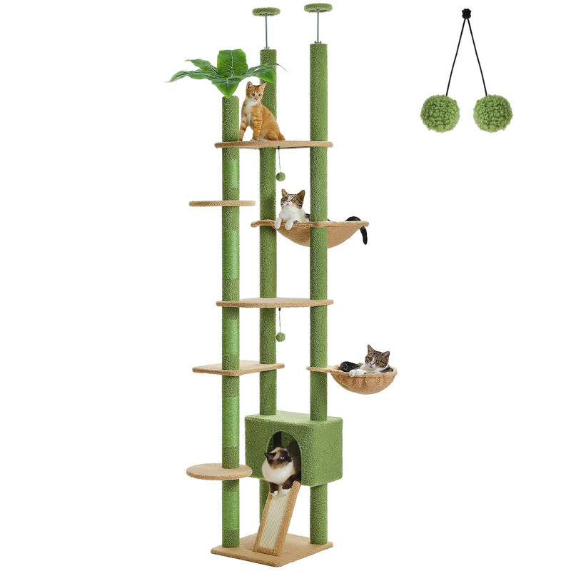 Adjustable Floor To Ceiling Cat Tree With Hammock Scratching Posts And Hanging Ball 6