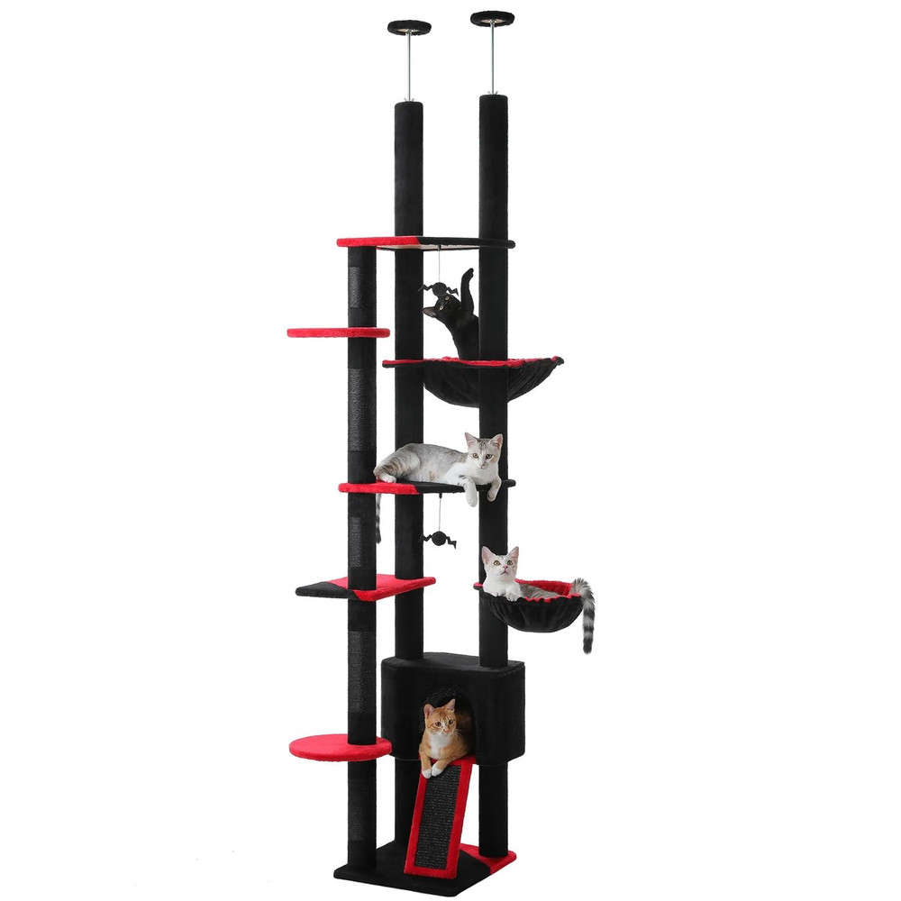 Adjustable Floor To Ceiling Cat Tree With Hammock Scratching Posts And Hanging Ball 7
