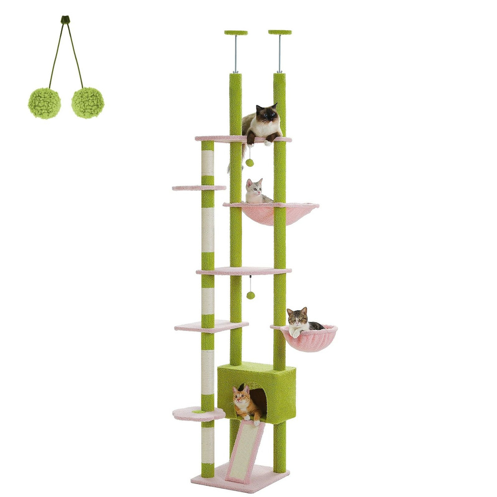 Adjustable Floor To Ceiling Cat Tree With Hammock Scratching Posts And Hanging Ball 8