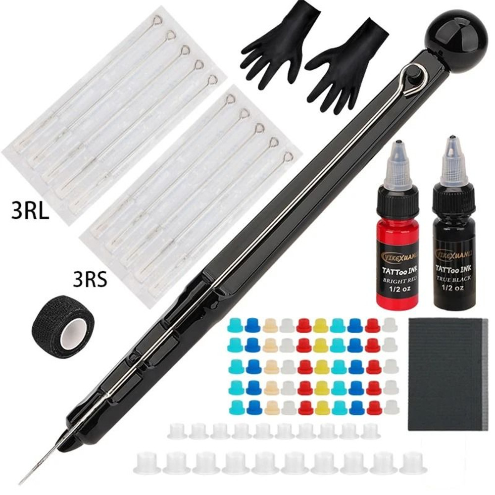 1 Set Hand Poke Pen And Stick Tool Tattoo Needle Holder 15ml Black And RedTattoo Ink Cup Pigment Gl 6