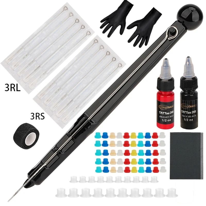 1 Set Hand Poke Pen And Stick Tool Tattoo Needle Holder 15ml Black And RedTattoo Ink Cup Pigment Gl 6