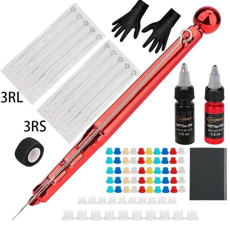 1 Set Hand Poke Pen And Stick Tool Tattoo Needle Holder 15ml Black And RedTattoo Ink Cup Pigment Gl 7