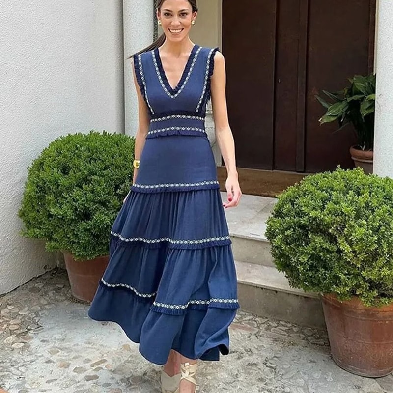 Sleeveless V Neck Tassel Summer Dress 0