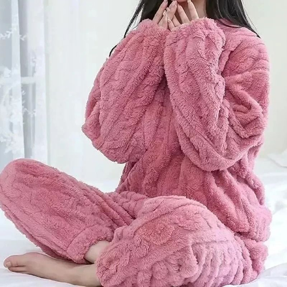 Velvet Ribbed Fleece 2 Piece Lounge Set For Women 0