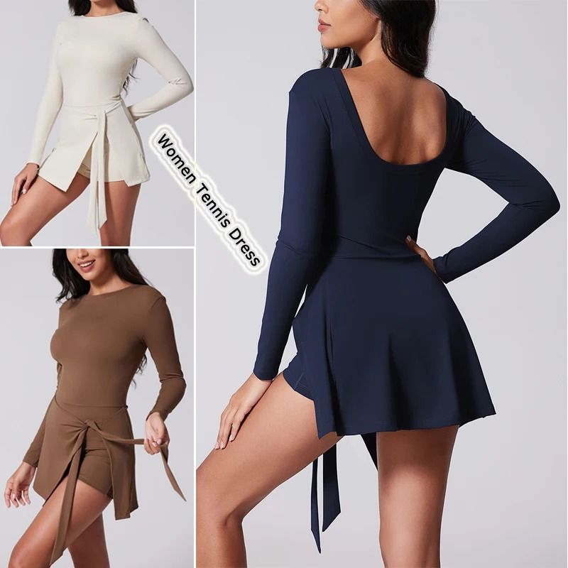 High Neck Long Sleeve Tennis Dress With Wrap Skirt And Built In Shorts 5