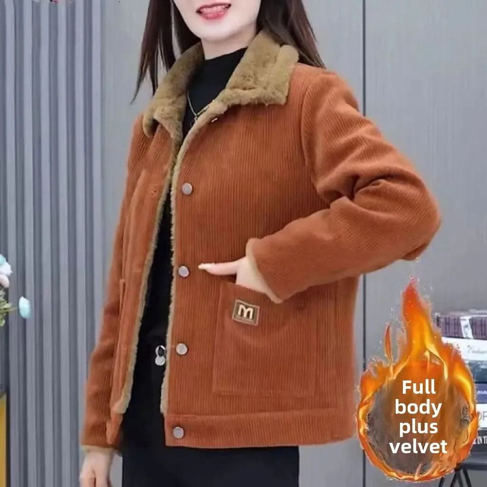 Plus Size Corduroy Short Coat With Long Sleeves 2