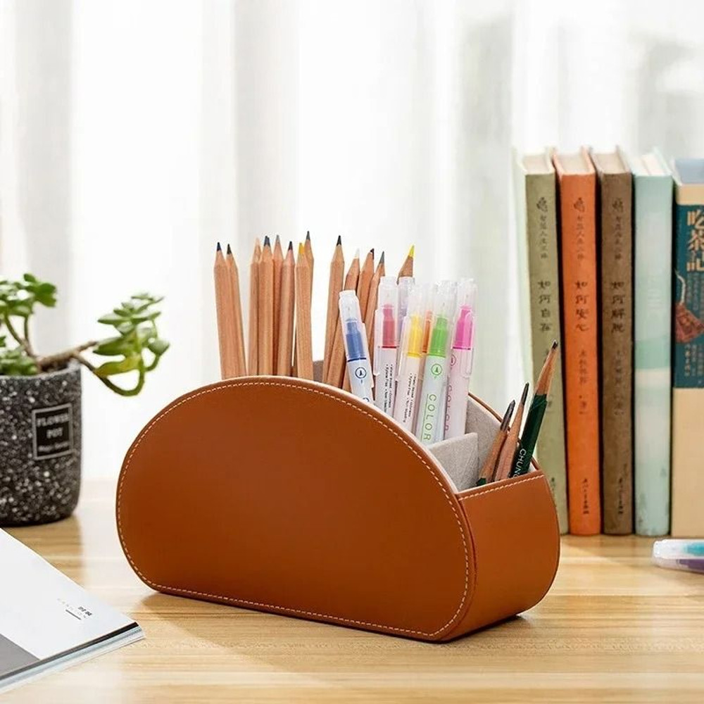 PU Leather 5 Grid Desk Organizer For Remotes Phones And Accessories 2