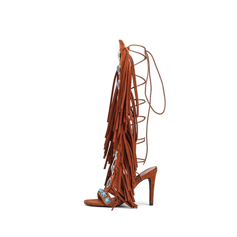 Cow Suede Tassel Lace Up Peep Toe High Heel Sandals 2