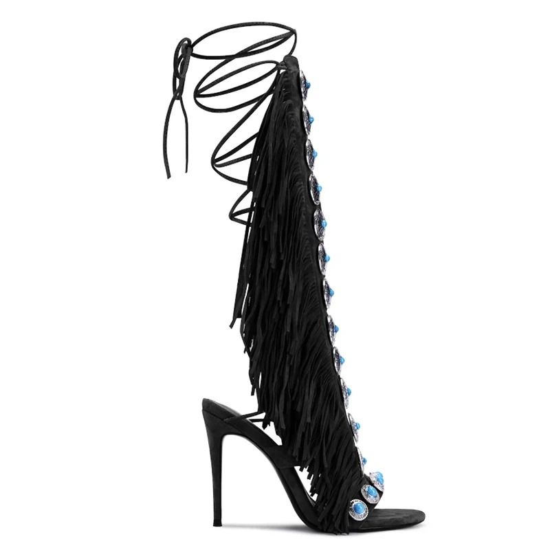 Cow Suede Tassel Lace Up Peep Toe High Heel Sandals 7