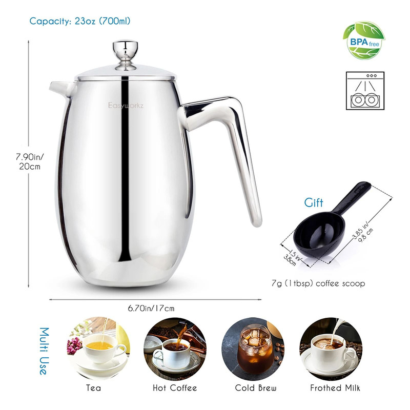 Double Wall Stainless Steel French Press Coffee Maker 6