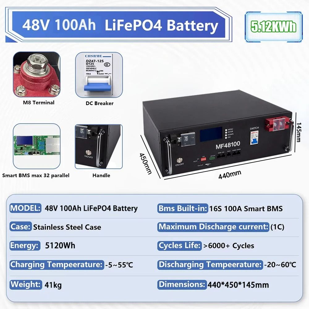 Rechargeable LiFePO4 Lithium Battery With BMS For Solar Inverter And RV Power Storage 9