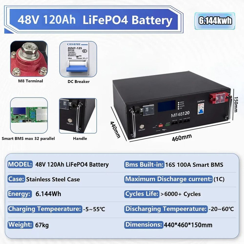 Rechargeable LiFePO4 Lithium Battery With BMS For Solar Inverter And RV Power Storage 10