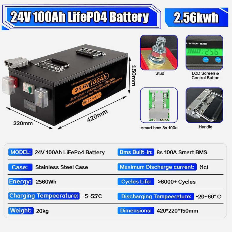 Rechargeable LiFePO4 Lithium Battery With BMS For Solar Inverter And RV Power Storage 6