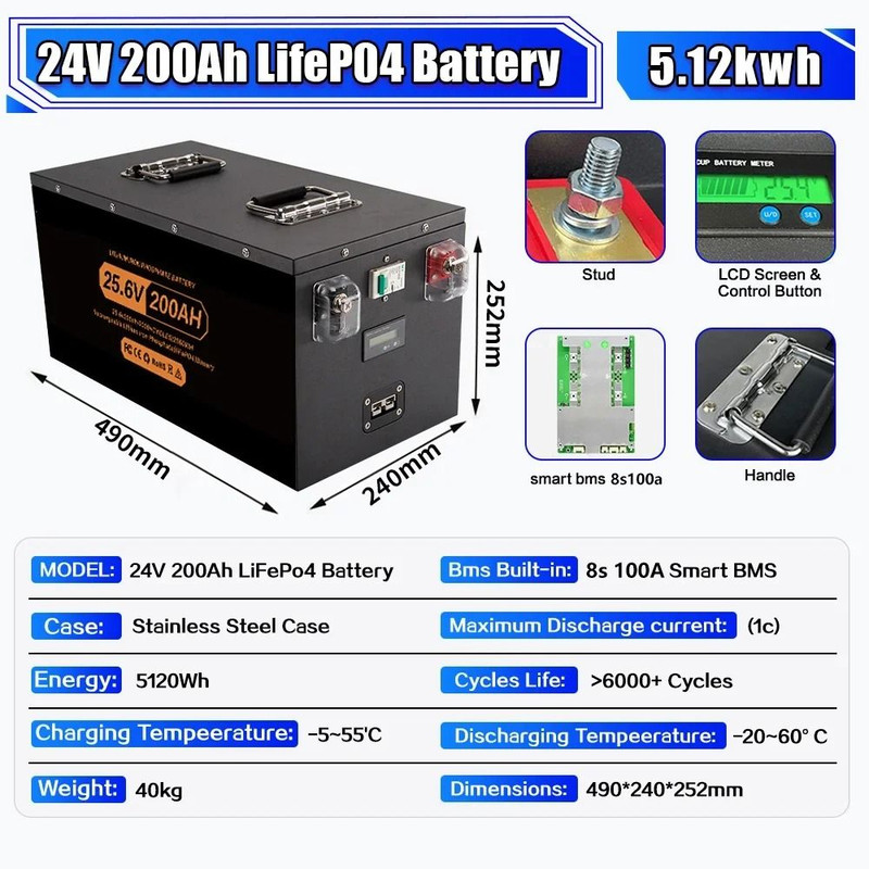 Rechargeable LiFePO4 Lithium Battery With BMS For Solar Inverter And RV Power Storage 7