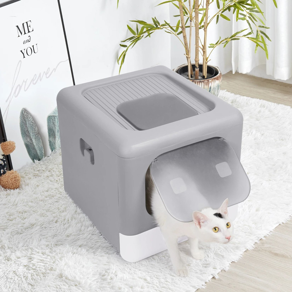 Foldable Enclosed Cat Litter Box With Sifting Drawer Front And Top Entry 2