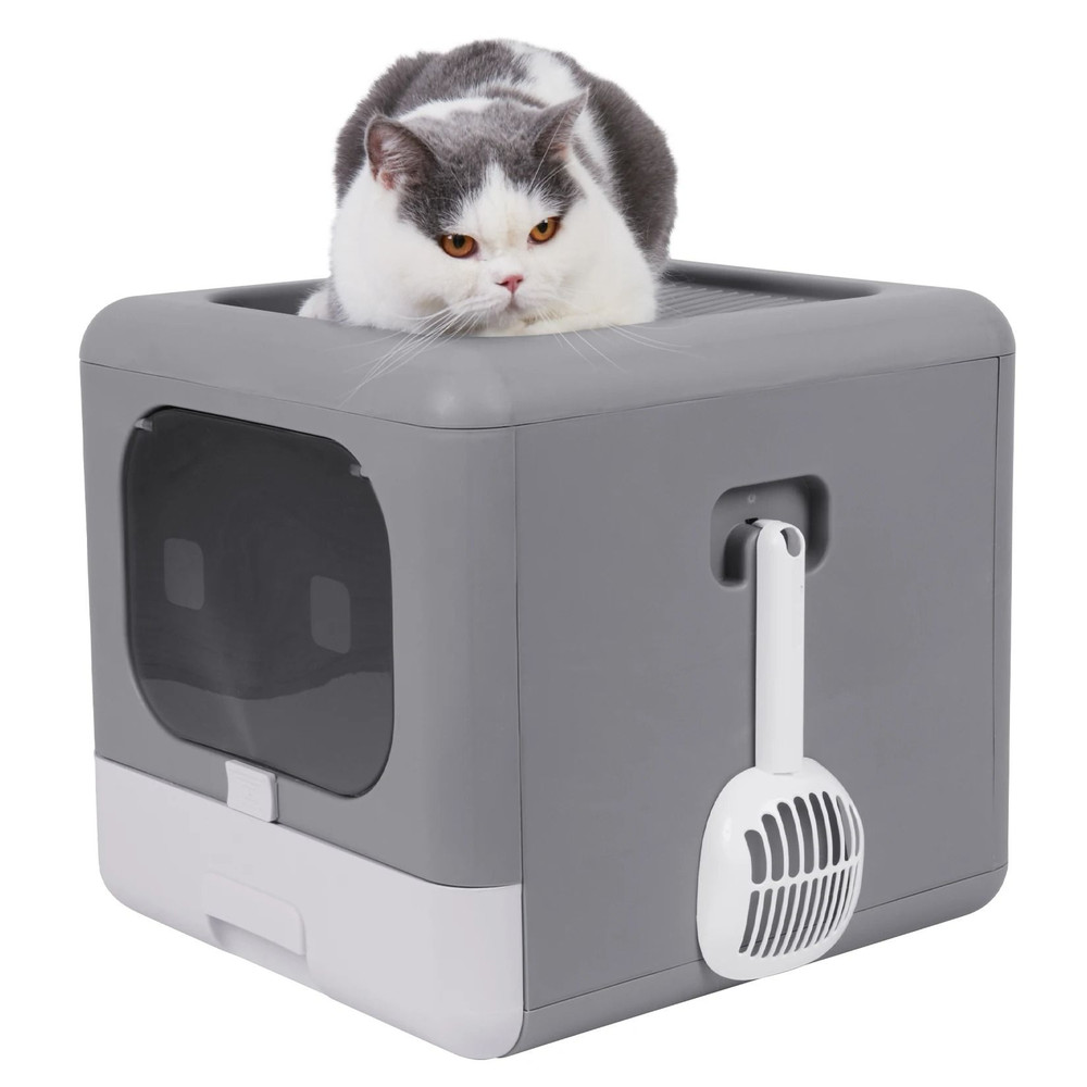 Foldable Enclosed Cat Litter Box With Sifting Drawer Front And Top Entry 6