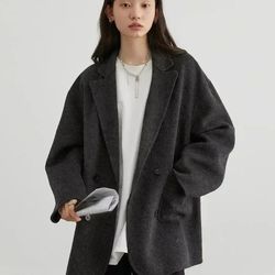 womens woolen double breasted coat loose fit retro style outerwear