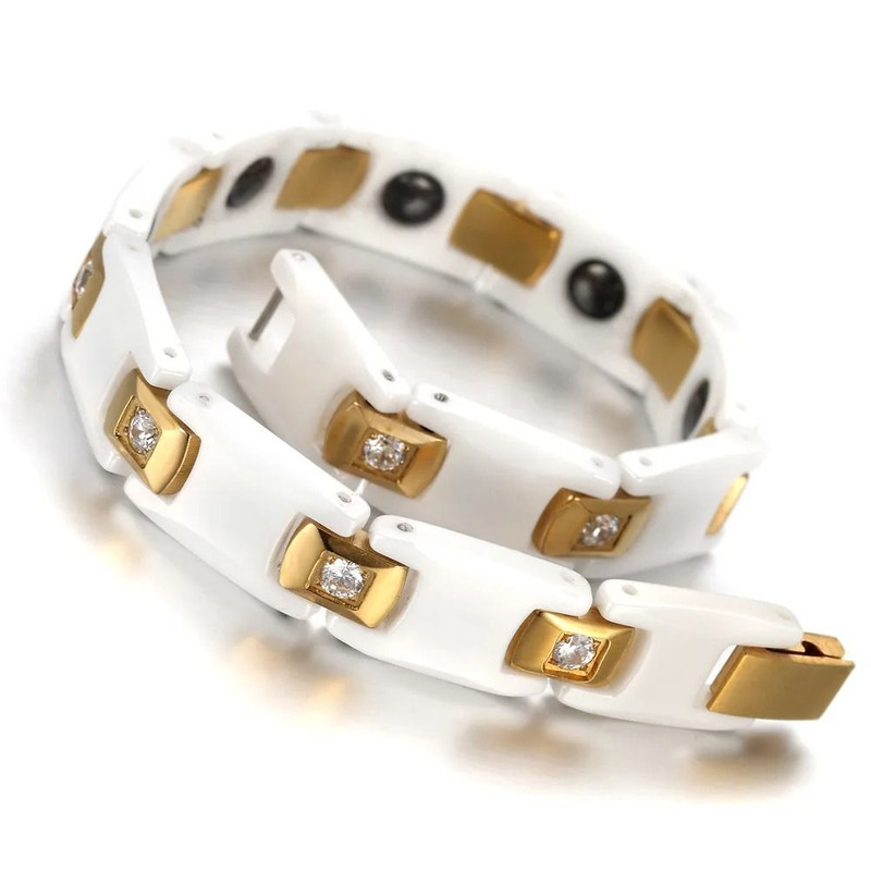 Gold CZ Hematite Ceramic Chain Link Bracelet Women 10mm 1