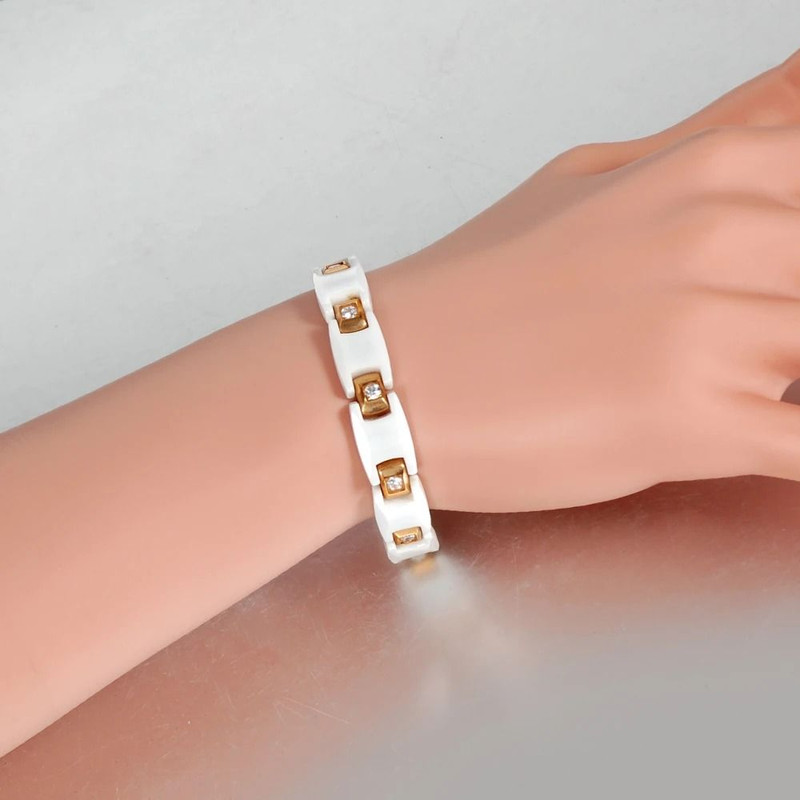 Gold CZ Hematite Ceramic Chain Link Bracelet Women 10mm 3